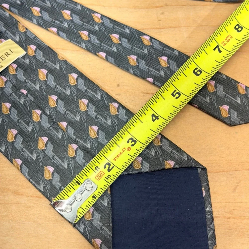 Villa Bolgheri Italia Mens Silk Necktie‎ Grey Pink Gold Geometric Made in Italy